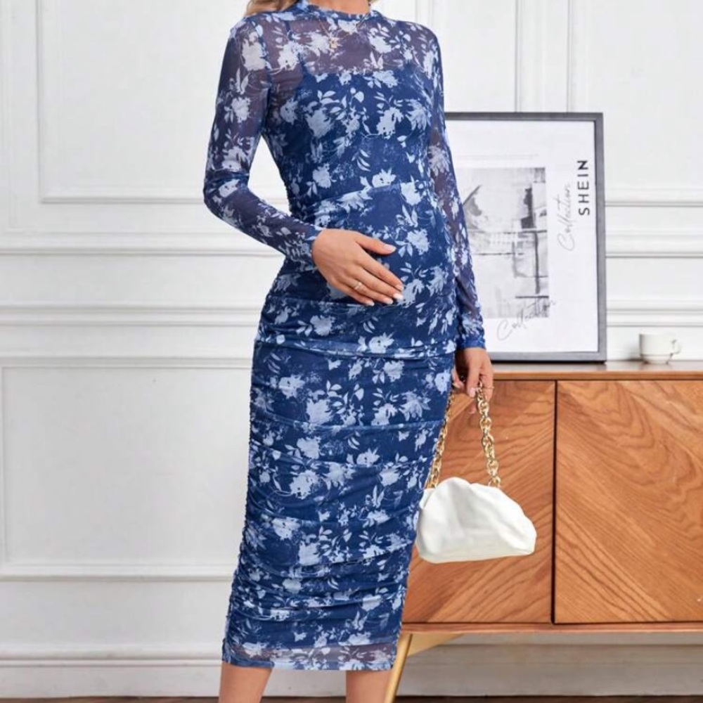 SHEIN Long Sleeve Blue Floral Dress